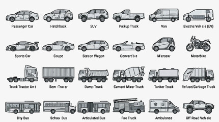 Elegant Minimalist Line Drawing Collection of Various Vehicles and Trucks in Monochromatic Grayscale © Asuu