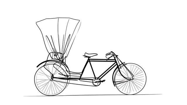 Tandem bicycle with canopy on white background.