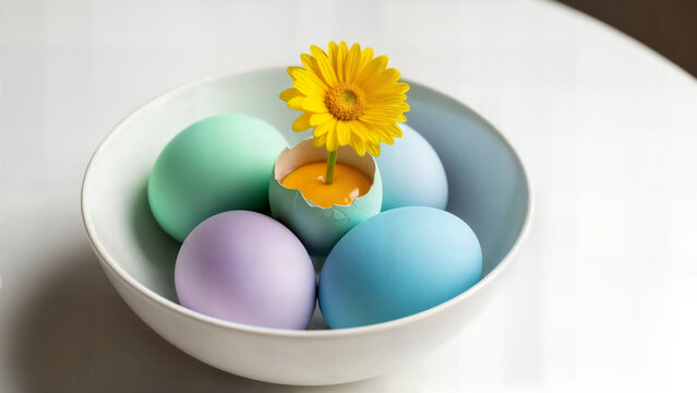 Easter eggs in pastel colors arranged in ceramic bowl with yellow flower growing from cracked shell as creative spring holiday decoration for festive celebration.