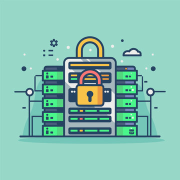 Server rack with padlock symbolizing data protection, cybersecurity, privacy, and secure information storage in a digital network environment, showing encrypted data and firewall