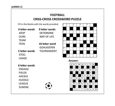 Football themed 10x10 criss-cross (kriss-kross, fill in the blanks) crossword puzzle or word game (English language). Suitable both for elder children and adults. Answer included.
