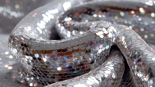 Sequin fabric texture, glittering silver scales, sparkling disco background, fashion material, reflective surface 