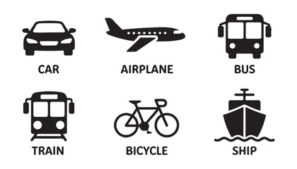 Car airplane bus train bicycle ship icons set for transportation theme vector graphics. © Md