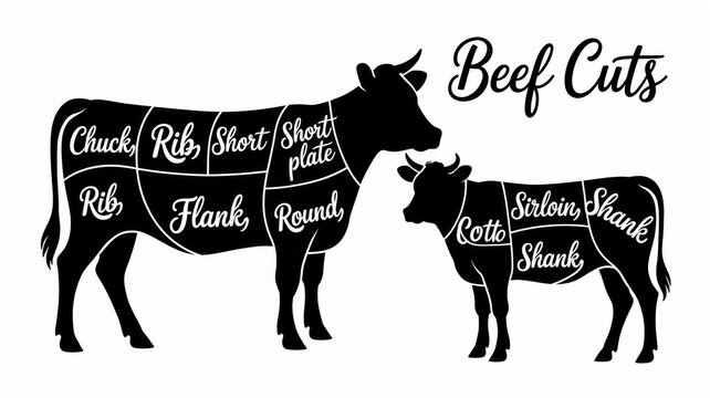 Diagram illustrating various cuts of beef, showing a cow and a calf with labels for different meat portions.