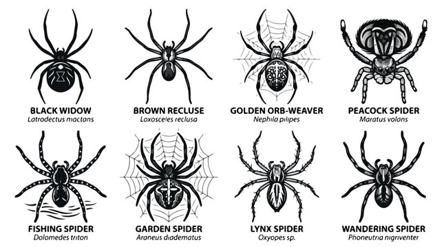 Collection of various spider types and their names for educational purposes