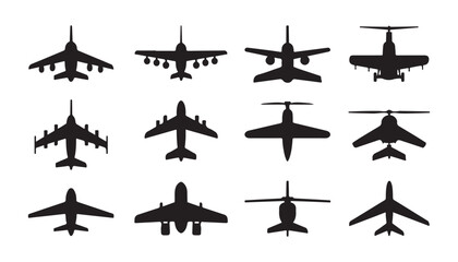 Aircraft top view collection showing different commercial and military plane silhouettes in black ink. © Md