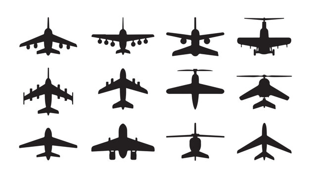 Aircraft top view collection showing different commercial and military plane silhouettes in black ink.