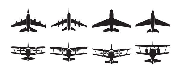 Aircraft vector icon collection for plane and air travel. vintage airplane silhouette logo design. © Md