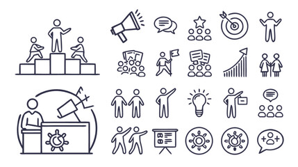 Fototapeta premium Leadership and teamwork vector icon set with podium megaphone target chat idea and people network symbols