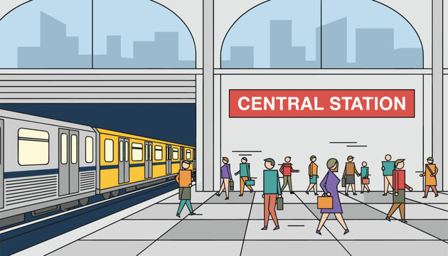 Busy central train station platform with passengers commuting and a modern passenger train arriving in the city.
