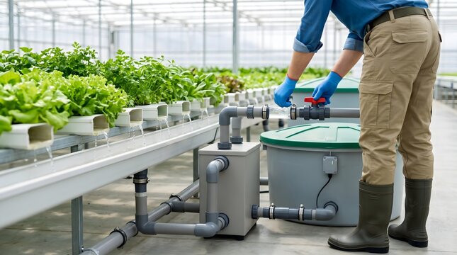 Close-up of farmer hands turning red valve on sustainable water management system for hydroponic lettuce cultivation in greenhouse