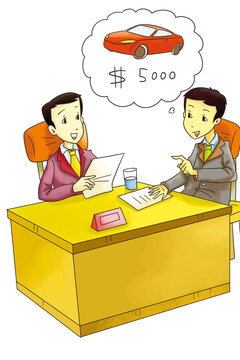 Two Businessmen Discussing Car Purchase Plan Worth 5000 Dollars in Office Cartoon Illustration