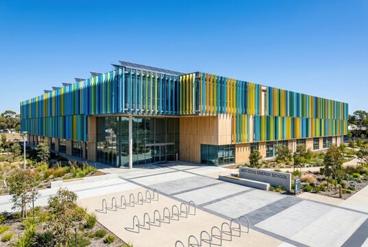 Net-zero energy school building featuring colorful solar shading fins on facade