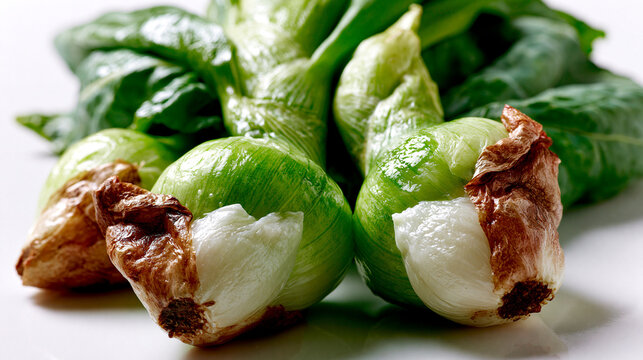 Fresh green vegetables with open spiky skin showing creamy white interior fruit pulp