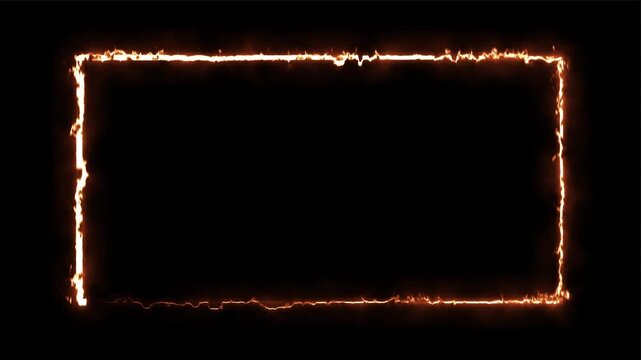 Burning fire frame overlay with glowing orange flames and smoke effect on black background, border