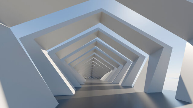 Abstract 3D render of a futuristic white pentagonal tunnel with repeating geometric arches and sharp shadows