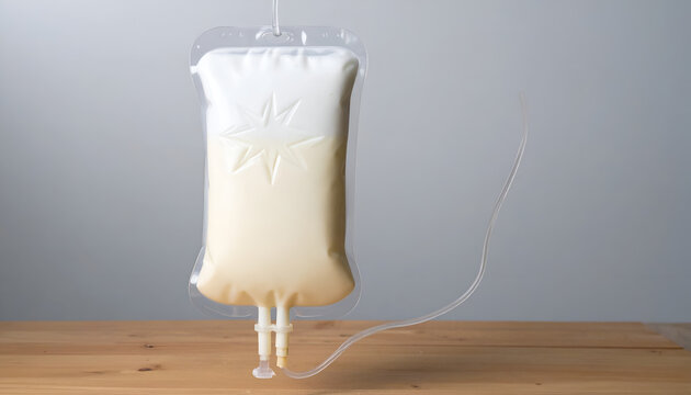 Medical intravenous drip bag filled with creamy white and pale yellow fluid studio shot