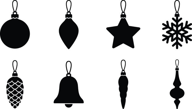 Christmas tree ornaments black silhouettes set including ball star snowflake pinecone icicle and bell isolated on white background