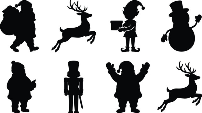 Christmas characters black silhouettes set featuring Santa Claus reindeer elf snowman caroler and nutcracker isolated on white background