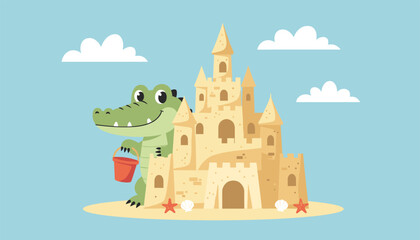 Fototapeta premium Cute cartoon crocodile holding a red bucket stands proudly next to a large sandcastle built on a sandy tropical beach.
