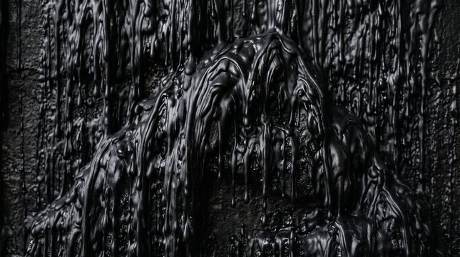 Thick black liquid paint dripping and flowing down a dark surface in a close up view