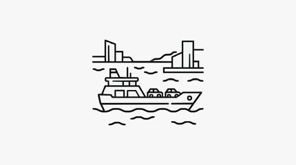 Obraz premium Professional Black and White Line Drawing of Ferry Transporting Cars Under a Bridge with City Skyline in
