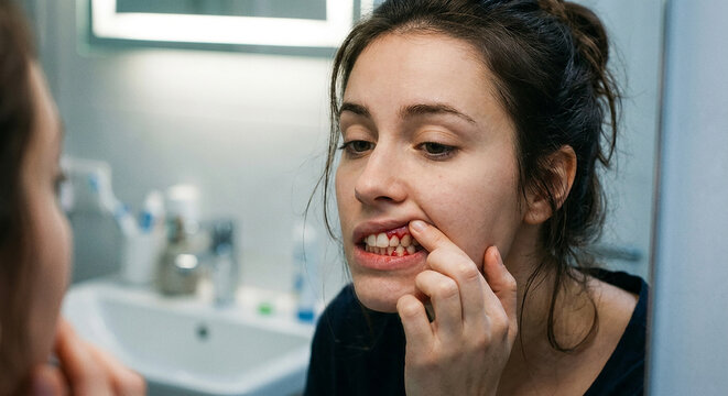 clouseup Young woman looking at her red bleeding gums