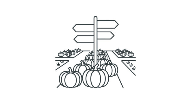 A black and white line art illustration of a pumpkin patch with a wooden signpost.