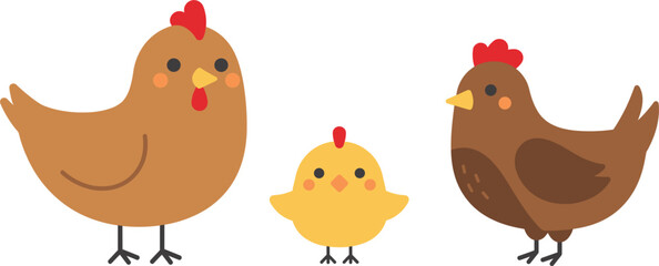 Fototapeta premium Cute cartoon chicken family vector illustration, flat hens and baby chick isolated on white background