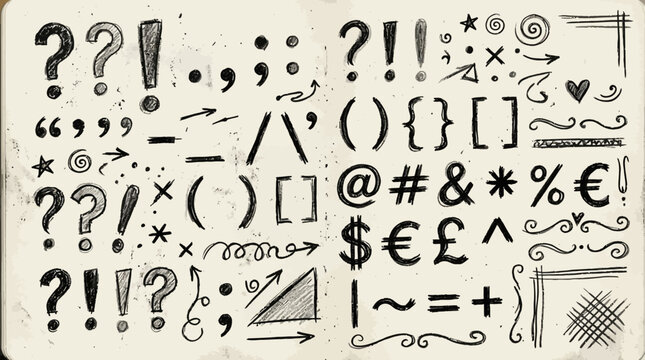 A creative page of hand-drawn punctuation marks and symbols.