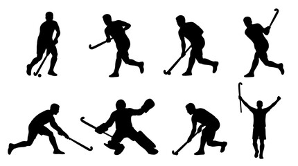 Fototapeta premium Set of eight black silhouettes of field hockey players in various dynamic poses on a white background, including a goalkeeper in action and a