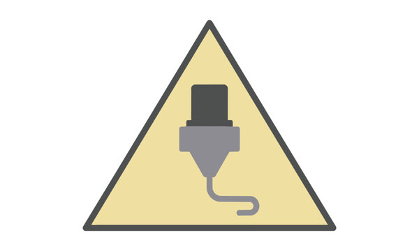 Stylized 3D printing nozzle extruding a filament coil inside an equilateral triangle frame, bold flat colors, isolated on white. Additive manufacturing concept