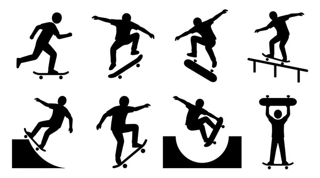 Collection of black silhouette skateboarders performing various tricks and stunts on a white background, dynamic action poses, extreme sports