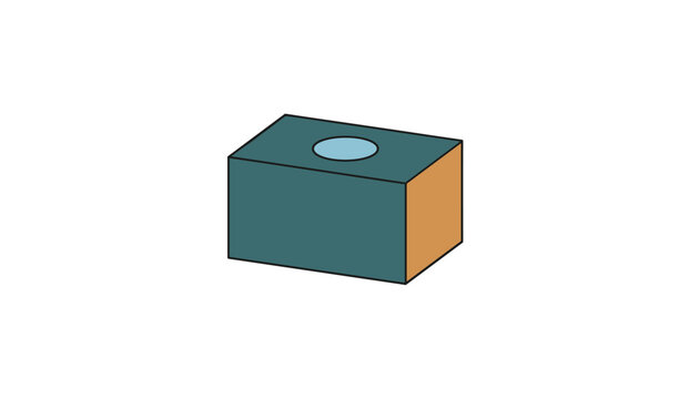 Isolated simple three dimensional geometric block with blue green and orange sides featuring a circular cutout on top.