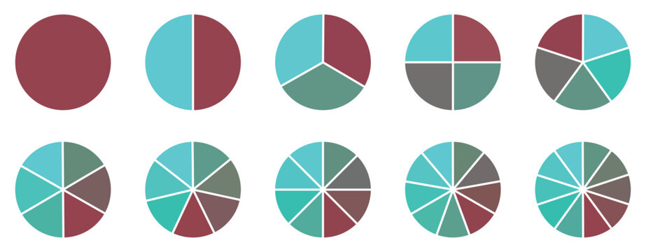 Pie chart set, Circle icons for infographic. Colorful diagram collection with ,3,4,5,6,7,8 sections and steps. Pie chart for data analysis, business presentation, UI, web design. Vector illustration.