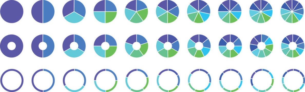 Pie chart color icons. Segment slice sign. Circle section graph. 1,2,3,4,5,6,7,8 segment infographic. UI, web design, business presentation. Vector illustration. 