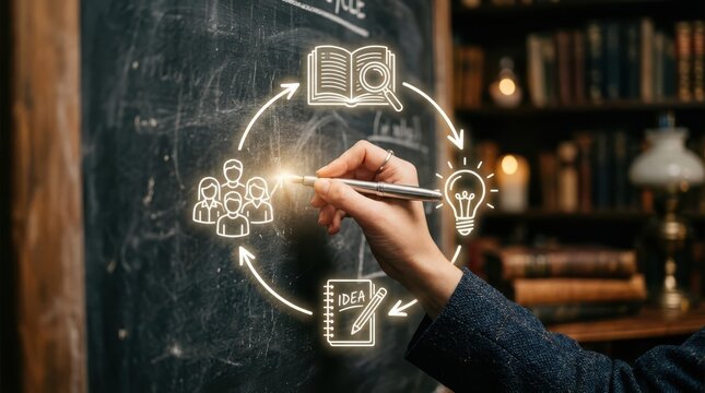 Education concept hand drawing learning cycle with research collaboration and idea generation