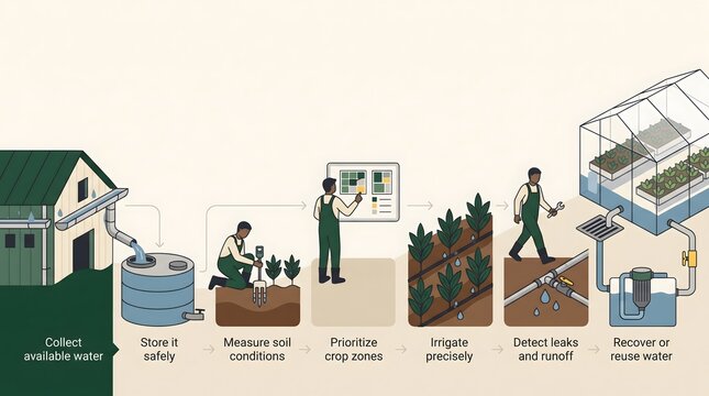 Visual guide to precision agriculture and water management featuring steps for safe storage, zone prioritization, and efficient greenhouse irrigation