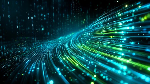 Dense wave of curved fiber optic wires stretching across a dark tech background. Tiny floating particles and a dissolving binary matrix code in a modern, clean cyber aesthetic