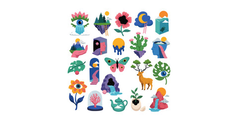 Naklejka premium surreal character and object illustration collection set