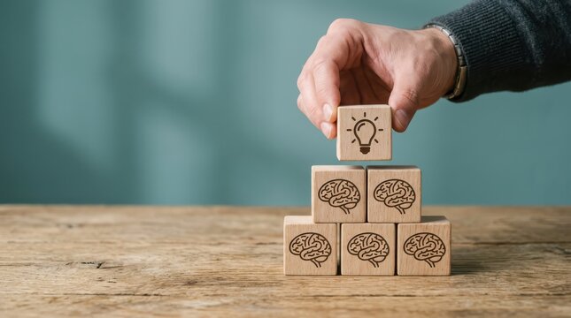 Conceptual wooden blocks forming a pyramid with brain and lightbulb icons representing ideas