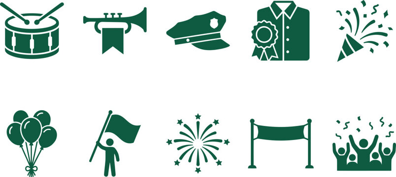 Public outdoor celebration parade graphics assortment including marching band snare drums sticks ceremonial trumpets police caps rosette ribbon badges balloons confetti