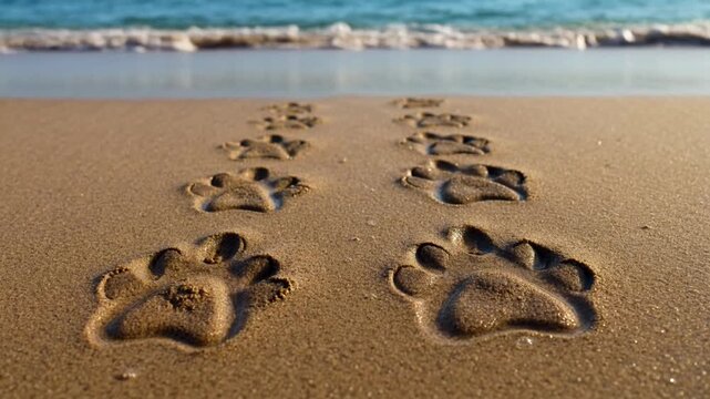 Dog paw prints embedded in wet coastal sand leading toward incoming ocean waves in this detailed cinematic motion video clip