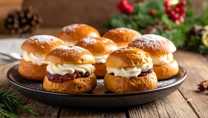 Fototapeta premium Festive Cream Filled Pastry Buns Arranged on Dark Plate on Rustic Wooden Table