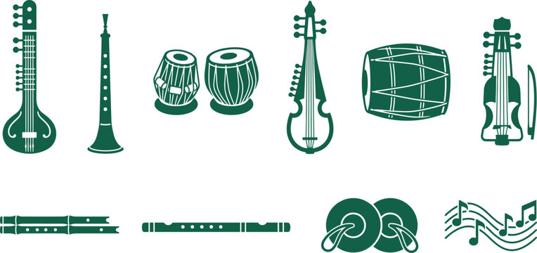 Traditional Pakistani music celebration flat icons bundle featuring classic sitar outline shehnai flute tabla drums rubab dhol hand cymbals melody waves graphics
