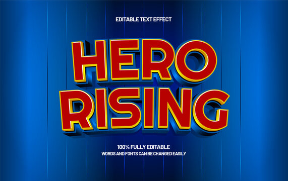 Hero Rising editable text effect with 3d comic book superhero style on blue background