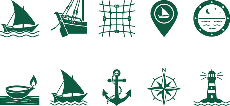 Traditional dhow boat migration vectors bundle exhibiting single sailboat triangular sail on water ripples hulls ropes generic horizon lines diya lamps graphics