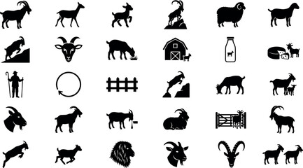 Obraz premium Goat Silhouette and Farm Animal Icon Set with Horned Ibex Livestock Dairy Production Farming Elements for Logos Graphic Designs and Web Vectors