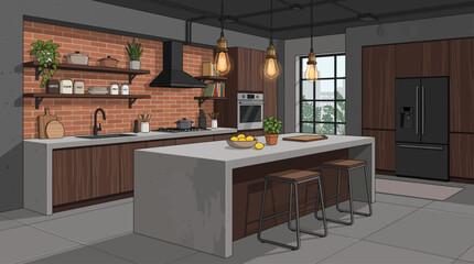 Industrial loft kitchen interior with brick wall shelves and kitchen island for cooking. © Rusith