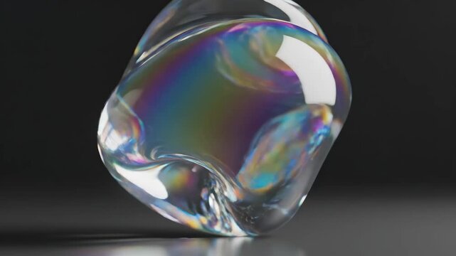 Iridescent 3d rendering shape with rainbow gradient dispersion. Abstract transparent glass metaball with holographic effect. Looped organic fluid form